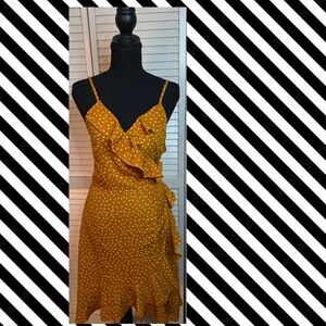 Mustard Polka Dot Ruffle Wrap Midi Dress - Women